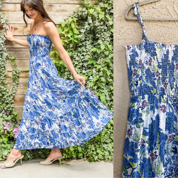 HAILEY & CO Blue White Purple & Green Floral Printed Smocked Tiered Maxi Dress L - Picture 8 of 13